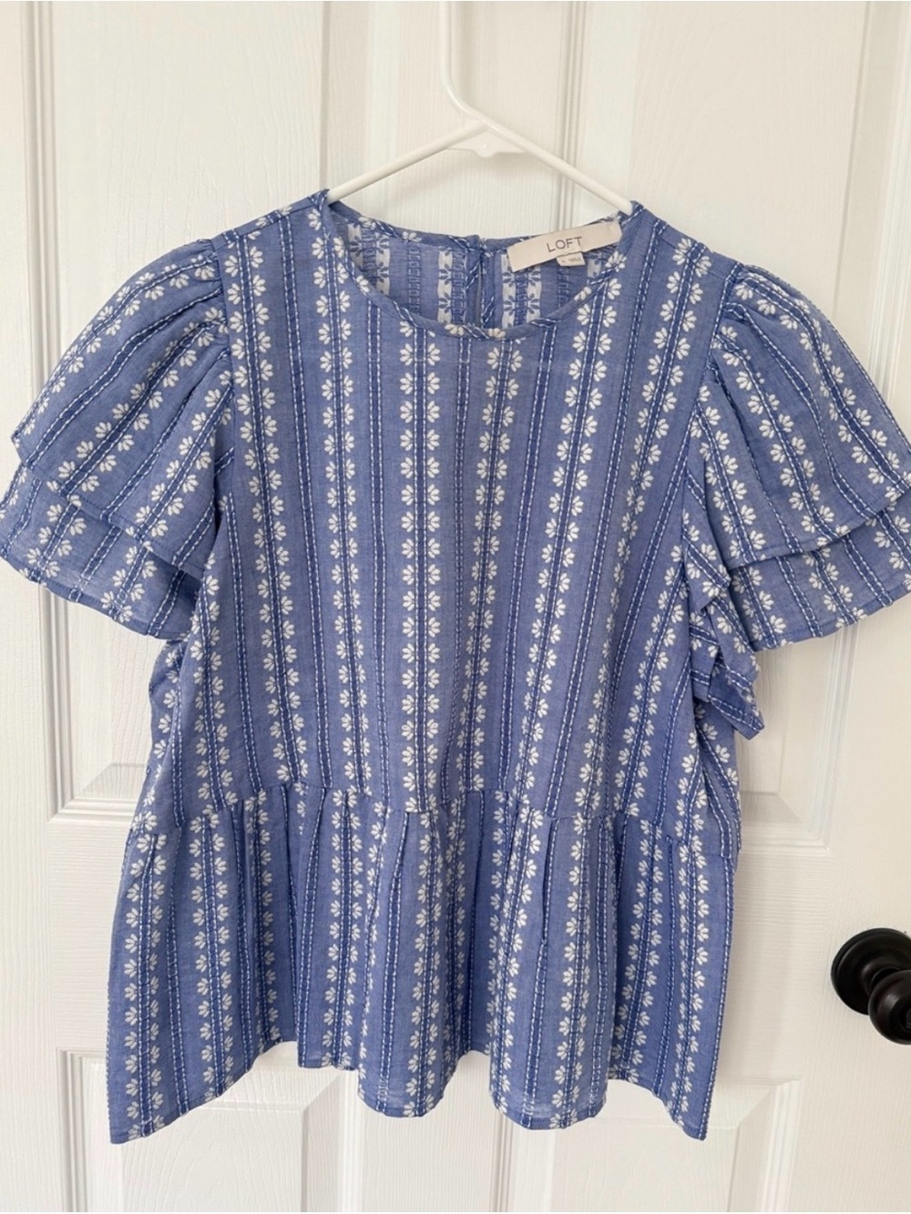 LOFT Blue Floral Stripe Ruffle Peplum Top